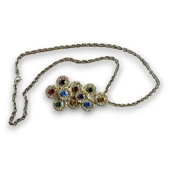 Vintage Multi Color Rhinestone Filigree Statement Pendant Necklace 23 Inch Chain - Picture 3 of 6